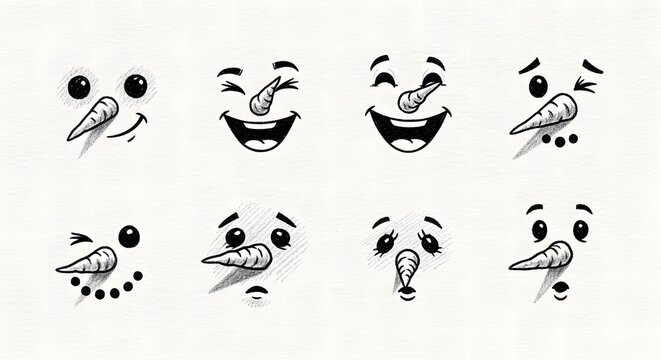 Cartoon snowman faces with various expressions and carrot noses