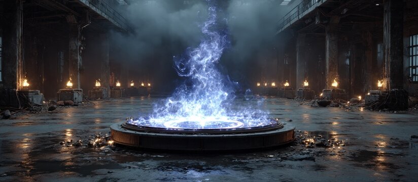 A large,  abandoned,  industrial space features a central,  glowing,  blue fire altar