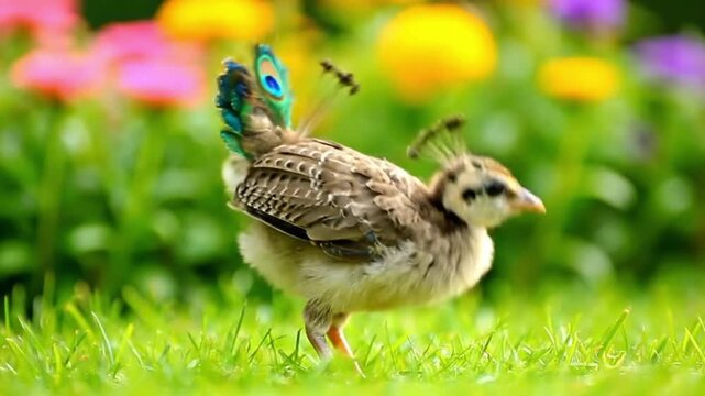 Baby Peacock in Green Grass.