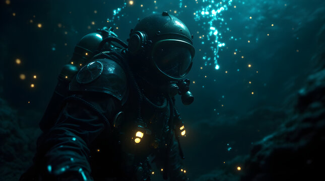 Diver exploring underwater scene with glowing particles