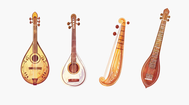 Four painted stringed instruments with warm watercolor textures, side-by-side view