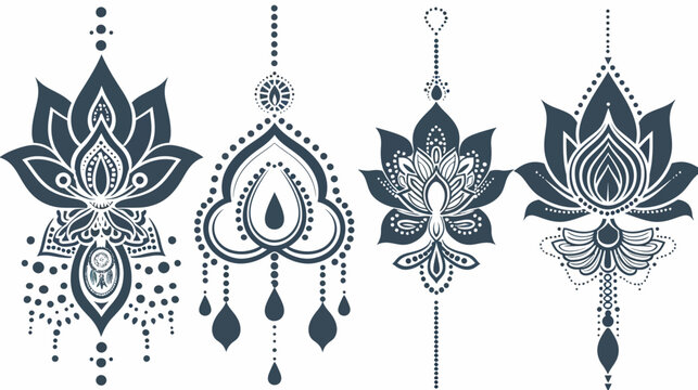 Four unique floral ornaments in dark teal and white are displayed against a white backdrop