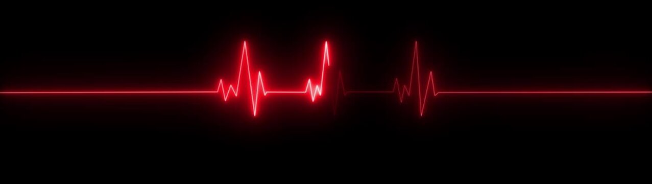 A vivid red neon electrocardiogram line pulses with intensity across a dark black background, symbolizing a strong heartbeat or critical vital sign in a medical or emergency scenario