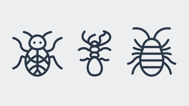 Three simple outlined insect icons with six legs on a plain light gray background