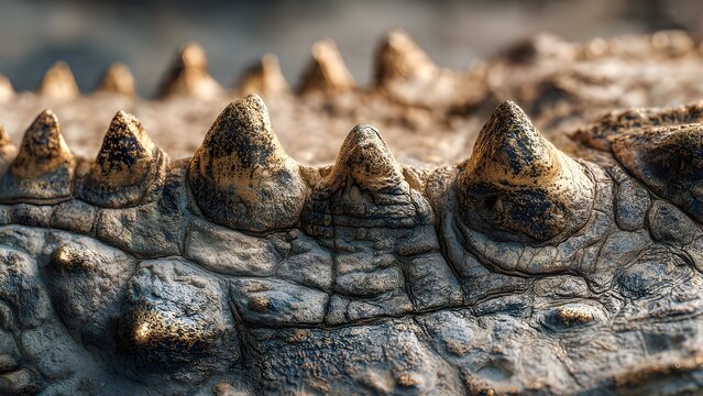 Macro Detail of Saltwater Crocodile Back Scales with Sharp Ridges and Golden Sunlight