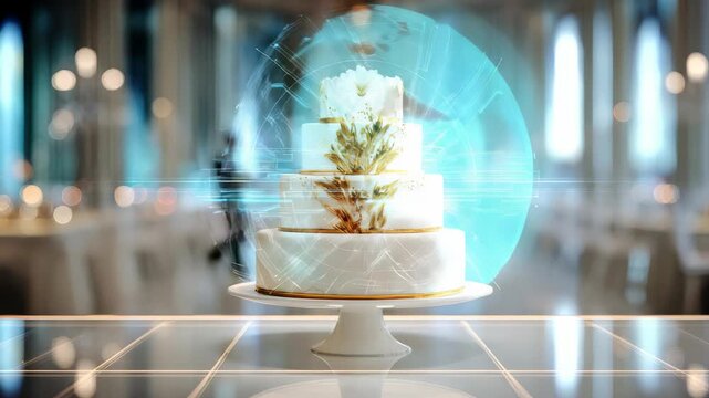 A sophisticated white wedding cake adorned with golden accents and holographic digital effects stands on a pedestal in a glamorous event space. The scene merges tradition with innovative technology
