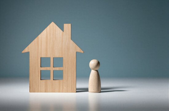 Wooden house and two figures symbolize family home or homeownership