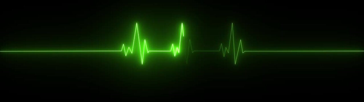 A bright green neon electrocardiogram line pulses with life across a deep black background, signifying a healthy heartbeat or a positive vital sign in a medical or scientific context