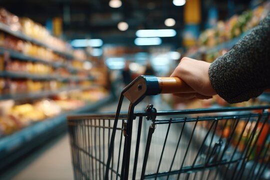 Shopping cart in a supermarket aisle with blurred background.