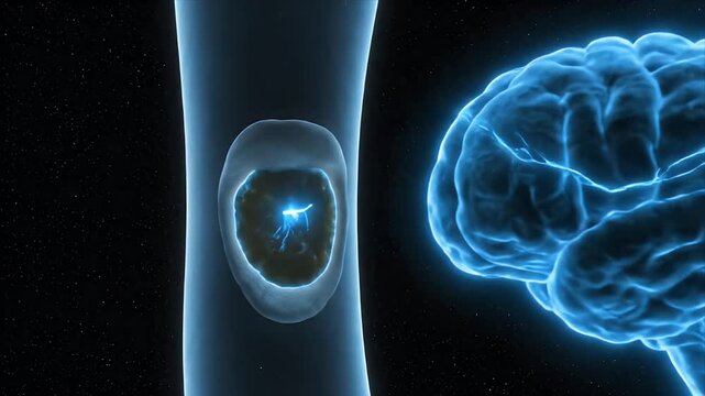 Abstract CGI of a Glowing Brain and Nerve Cell Interacting with a DNA Strand for Educational Medical and Healthcare Research Presentation on a Dark Blue Starry Background with Bright Light Effects