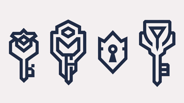 Four stylized, geometric keys and a lock are depicted in thick, dark blue lines