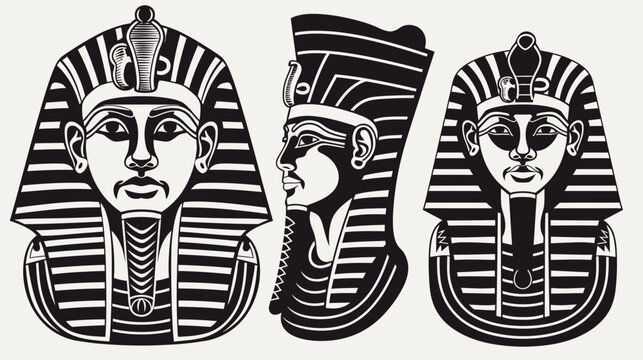 Three Egyptian pharaoh masks, front and side view, in a simple black and white illustration