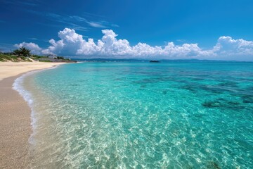 Fototapeta premium Idyllic Tropical Beach Scene with Turquoise Water and White Sand.