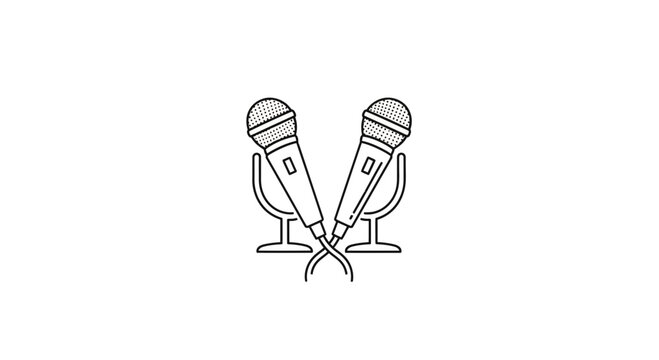 Two microphones on stands, crossed, line art icon, symbol for music, podcast, interview, broadcasting