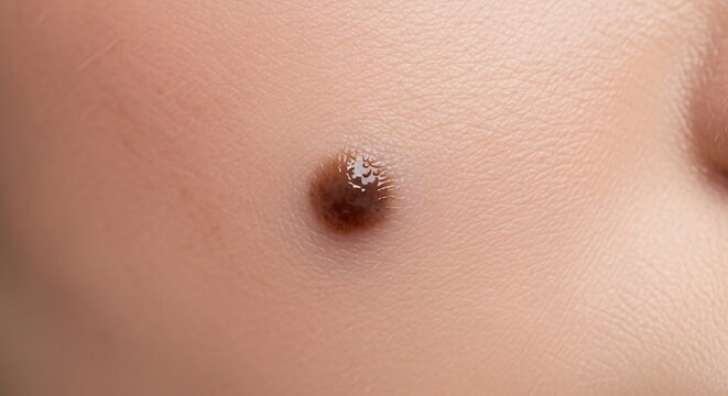 Close up macro shot of a brown mole on human skin texture.