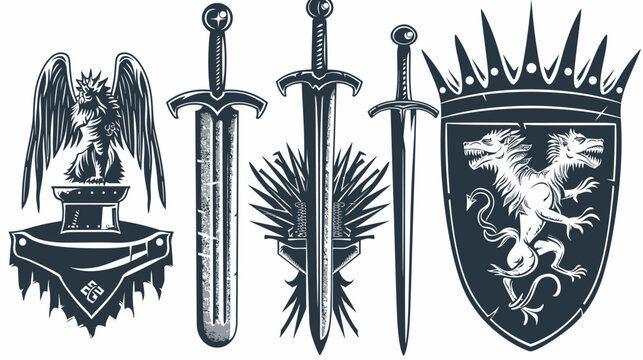 Set of heraldic illustrations bird, swords, and shield with a two-headed beast