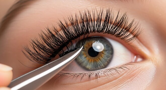 Close up of a womans eye with long false eyelashes being applied with tweezers.