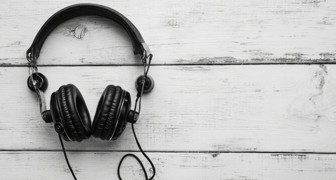 Over-Ear Headphones on White Wood Background - Music and Audio Equipment.