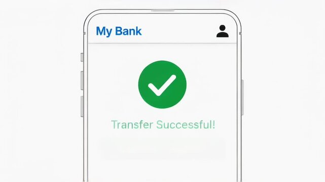 Mobile banking transfer successful on smartphone with green checkmark indicator.