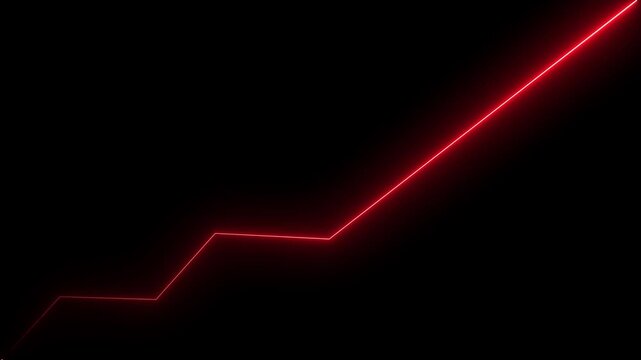 A bright red neon line graph ascends diagonally across a stark black background with sharp, angular steps indicating upward progress and growth in a minimalist abstract
