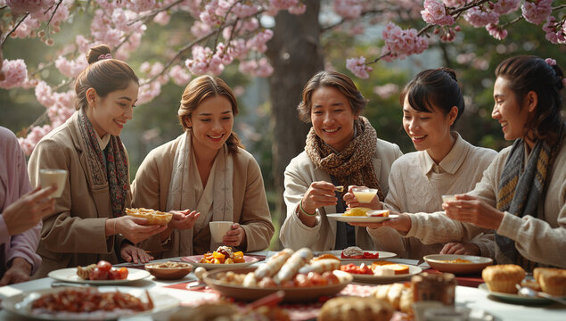 やわらかな桜光の下で手作り料理を囲む欧州系地域住民の花見宴の春