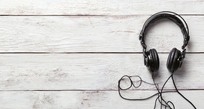 Black headphones on a white wooden surface, creating a minimalist aesthetic.