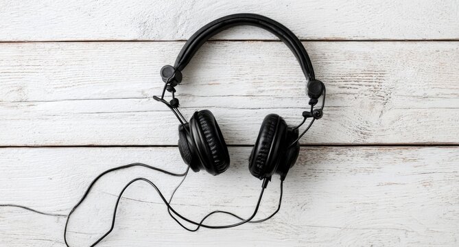 Black headphones on white wooden background for music listening.