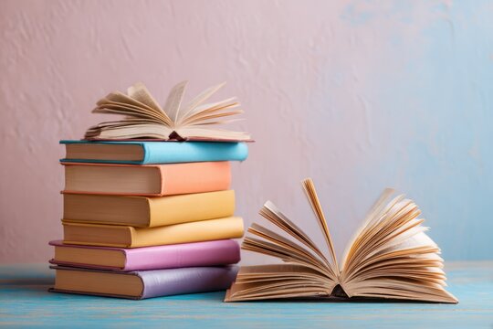 Stack of colorful books with open book on top, education concept.