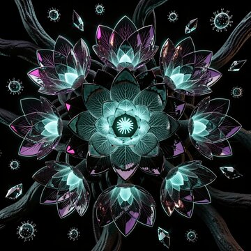 Obsidian blooms glow in overhead mandala