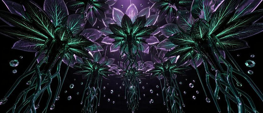 Bioluminescent petals hang in void canopy