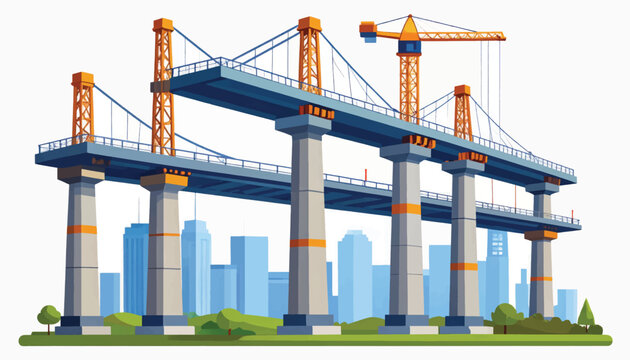 City Bridge Construction Project. Civil Engineering and Infrastructure Development Illustration with Crane and Urban Skyline.
