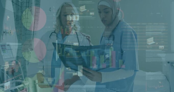 2 clinicians entering with tablet, reviewing X-ray and assessing patient, medical charts overlaying