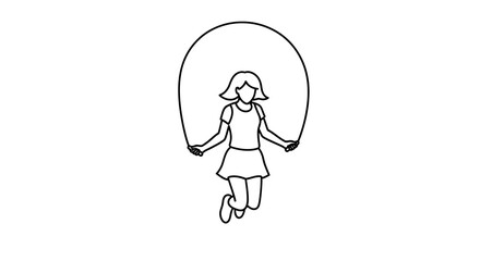 Fototapeta premium Girl jumping rope, active childhood, outdoor fun, exercise, healthy lifestyle, black and white illustration