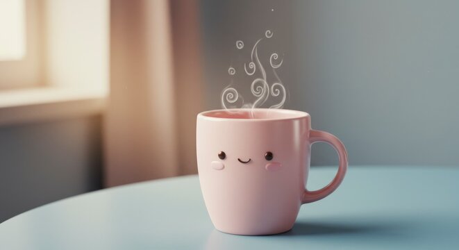 Pink cup with steam on blue table near window conceptual drink