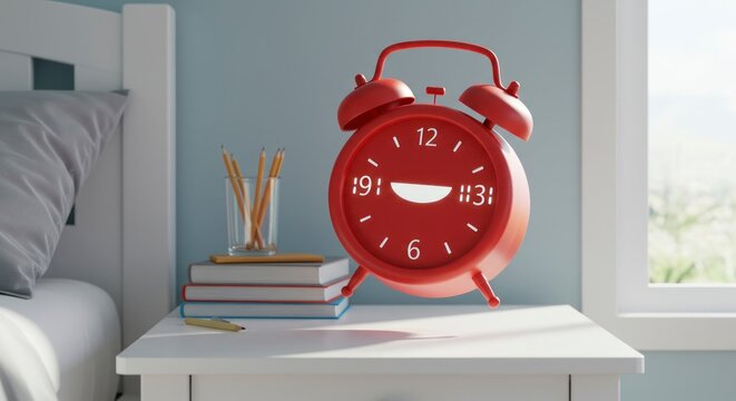 Red alarm clock on bedside table against a pale blue wall background