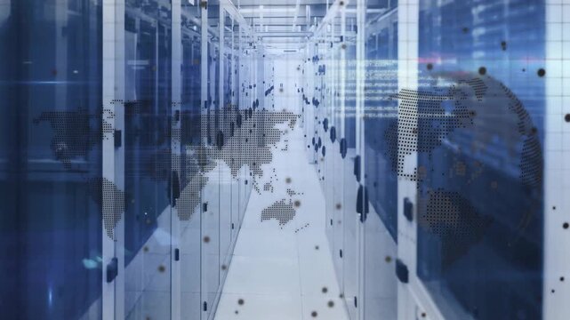 Camera moving down data center aisle, causing globe overlay and drifting nodes, clarifying racks