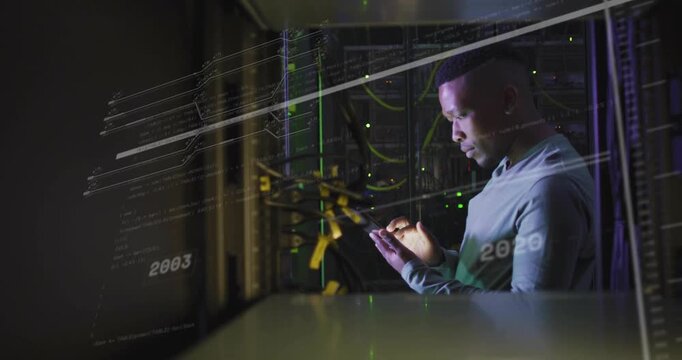 Male technician tapping tablet in data center, animating timeline while monitoring network status