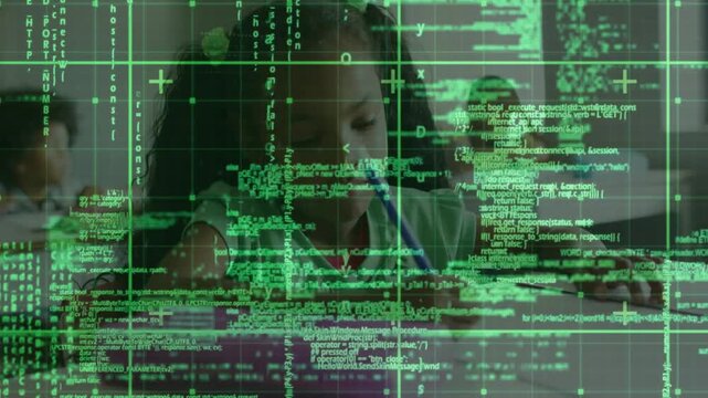 Green code grid sweeping, urging center girl leaning holding pen tapping pink device doing work