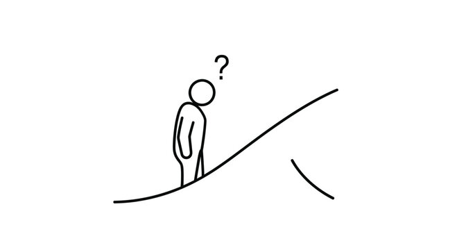 Confused stick figure on a slope with a question mark, uncertainty, doubt, decision making