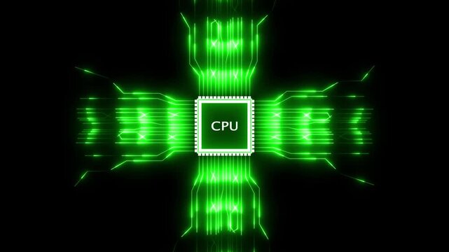 Central Processing Unit CPU chip illuminated with vibrant green circuit board lines and connections against a dark black background symbolizing advanced computing and digital networks