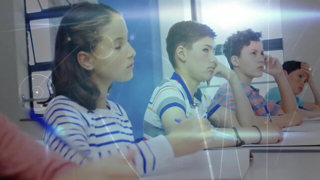 Vertical video: Hearing teacher, class in striped tops taking notes with pens, with light flares