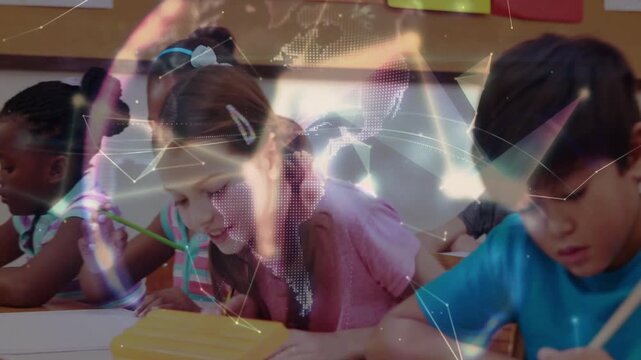 Pupils writing in class, camera pulling back revealing networked globe overlay showing education