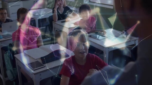 Vertical video: Boy raising hand, teacher pointing, globe network forming around boy for lesson