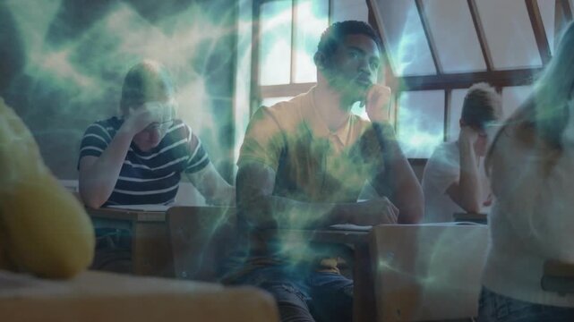 Window sunlight sparking teal overlay drifting over desks covering center student suggesting dream