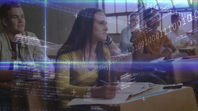 Female student writing in classroom, binary overlay sweeping over students, showing education tech
