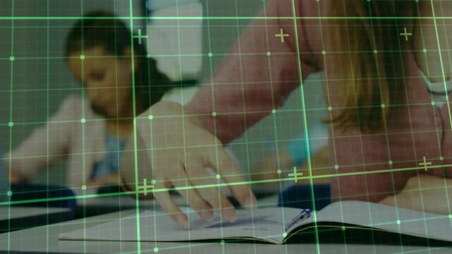 Student writing notes, turning pages for education, green grid overlay persisting during pullback