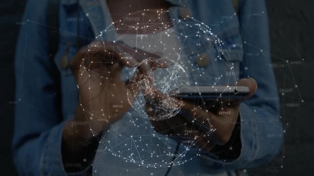 Woman tapping phone, controlling AR network globe to explore and reveal denser node clusters