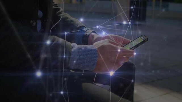 Commuter tapping smartphone on seat causing network nodes aligning with watch as checking transit