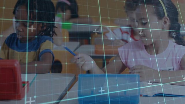Front-row children opening pencil boxes, writing workbook for classroom task, grid overlay guiding