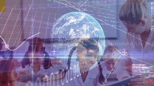 Teacher leaning toward tablet, tapping, girl watching, animated Earth, charts rising over classroom